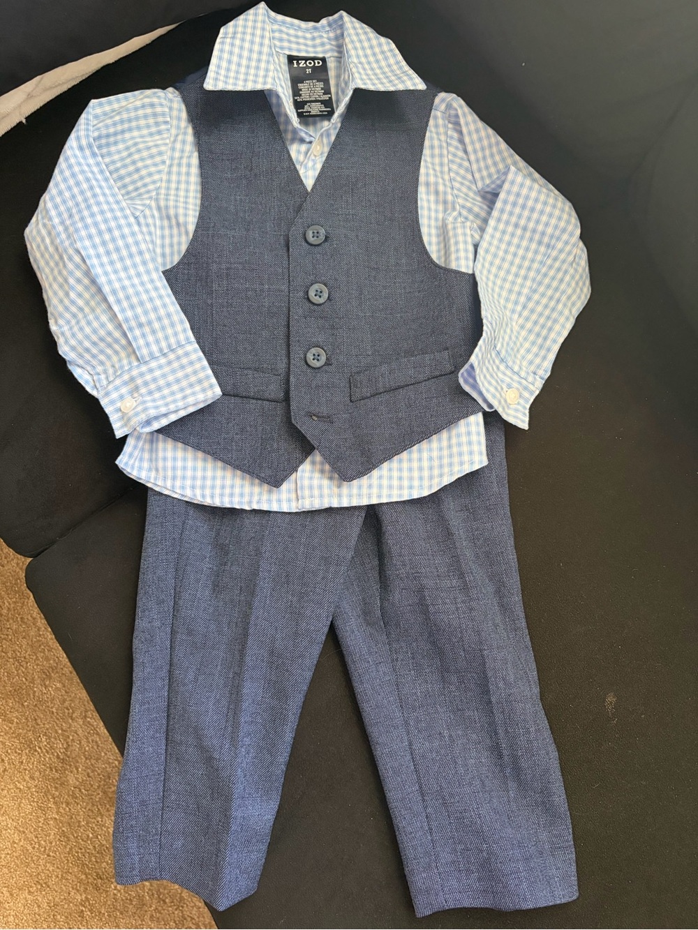 Boys Navy Blue Vest, Pants & Light Blue Check Shirt